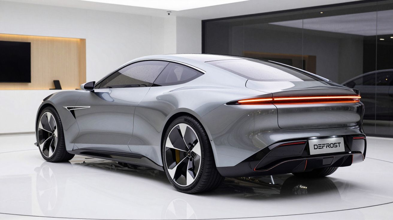 Carro elétrico desportivo cinzento metalizado estacionado em interior minimalista branco.