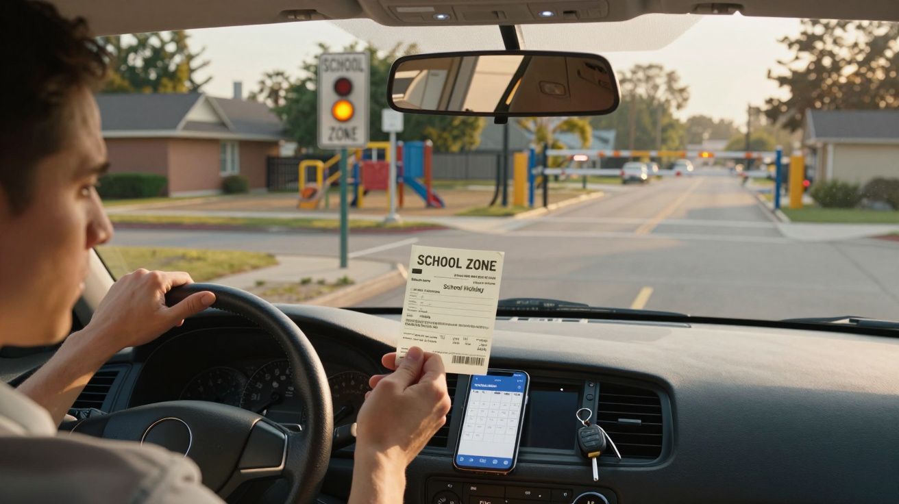 Homem ao volante segura multa por excesso de velocidade numa zona escolar com semáforo vermelho.