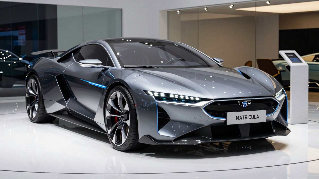 Carro desportivo cinzento metálico com design futurista exposto num showroom.