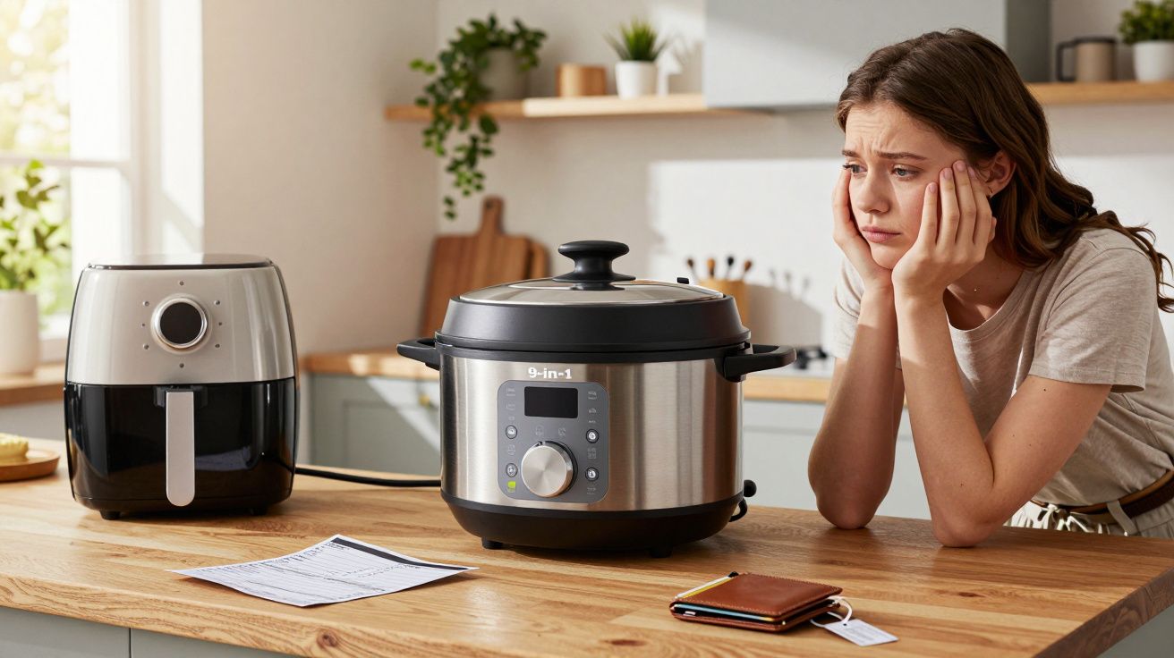 Mulher preocupada olhando para panelas elétricas e receita num balcão de cozinha moderno e iluminado.