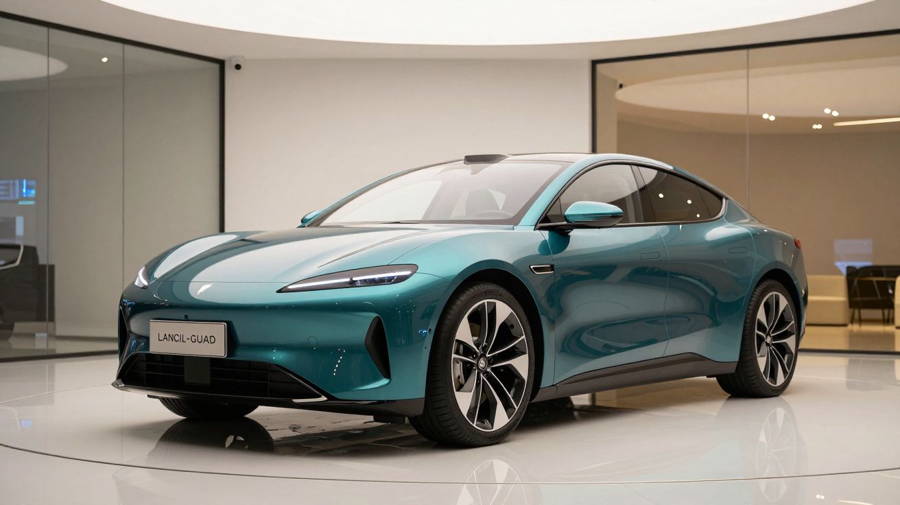 Carro elétrico azul esverdeado exibido num espaço moderno e minimalista.