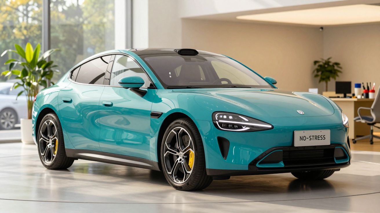 Carro elétrico desportivo verde azulado num showroom moderno com jantes desportivas e placa "NO-STRESS".