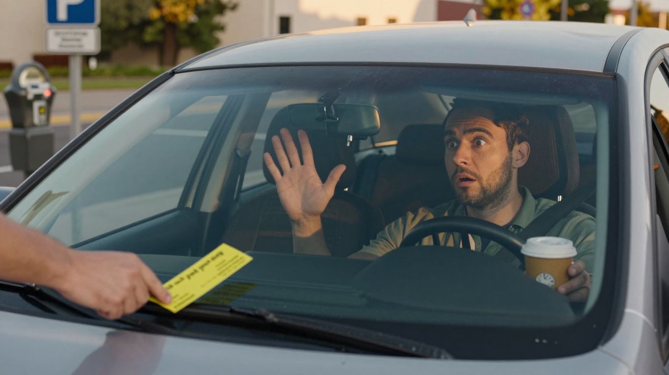 Homem no carro surpreso recebe uma multa enquanto segura um café num parque de estacionamento.