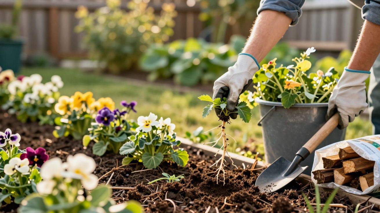 Pessoa a plantar flores coloridas num jardim com luvas, pá e balde ao lado.