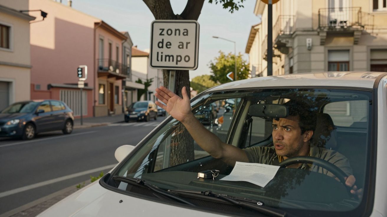 Homem dentro de carro branco gesticula para sinal de trânsito que indica zona de ar limpo numa rua urbana.