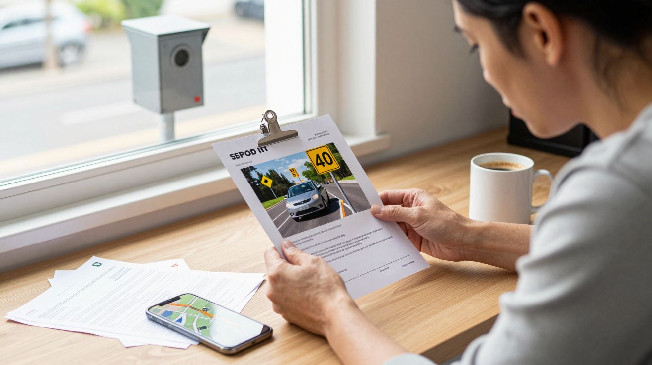 Pessoa a analisar notificação de infração de trânsito numa mesa com telemóvel e chá.