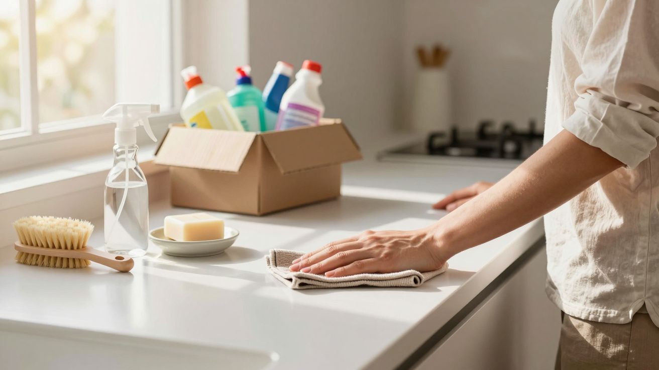 Pessoa a limpar bancada de cozinha com pano, perto de escova, sabão e frascos de produtos de limpeza.
