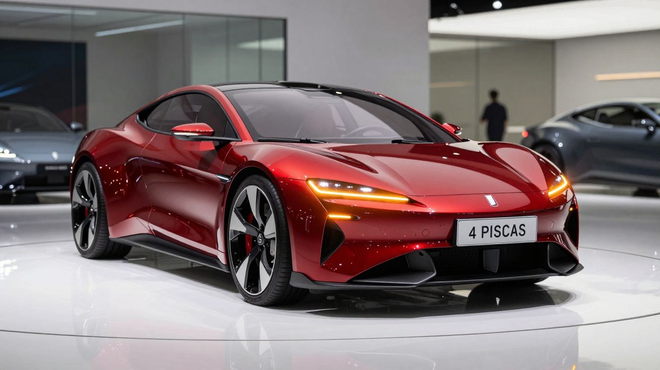 Carro desportivo elétrico vermelho com luzes dianteiras ligadas exibido em salão automóvel.