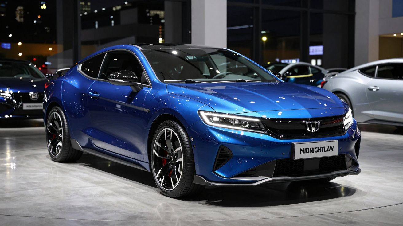 Carro desportivo coupe azul com detalhes pretos exposto em showroom moderno durante a noite.