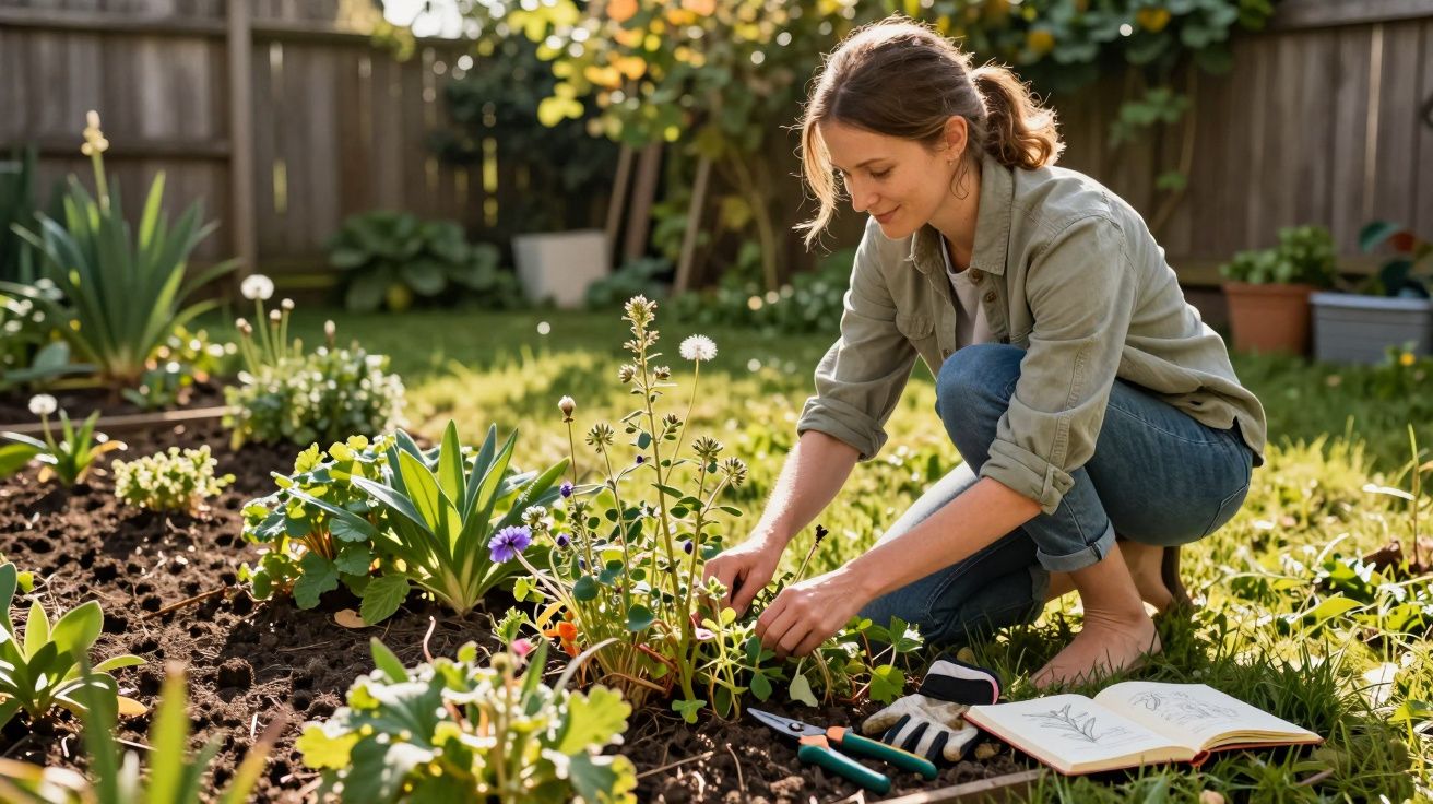 Mulher a cuidar de plantas floridas num jardim ensolarado, com ferramentas e caderno ao lado.