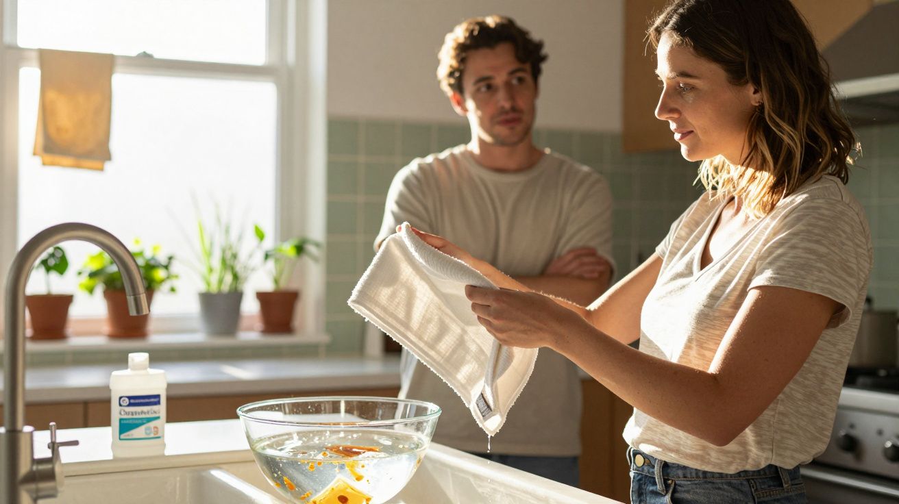 Mulher a secar pratos na cozinha enquanto homem observa ao fundo com expressão pensativa.