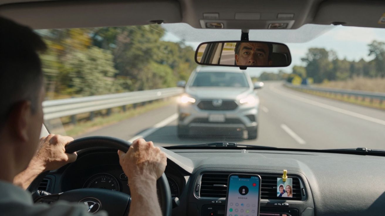 Homem a conduzir carro enquanto observa veículo a aproximar-se atrás numa estrada.