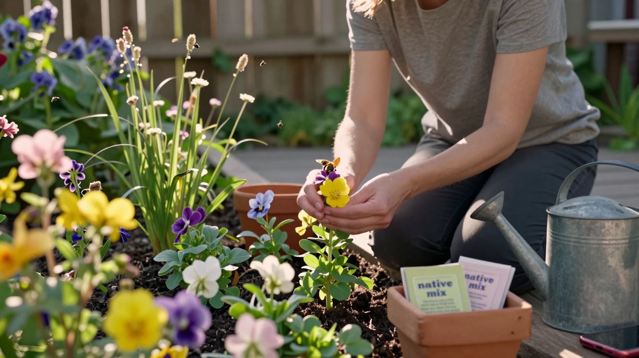 Pessoa a cuidar de flores coloridas num jardim, com regador e sementes ao lado.