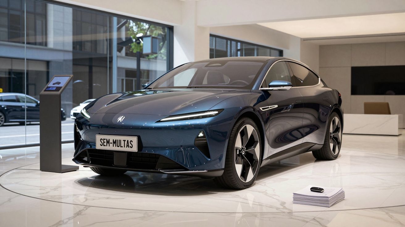 Carro elétrico azul escuro em exposição moderna com placa personalizada "SEM-MULTAS".