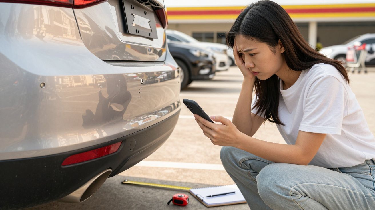 Mulher preocupada a olhar para o telemóvel junto à traseira danificada de um carro estacionado.
