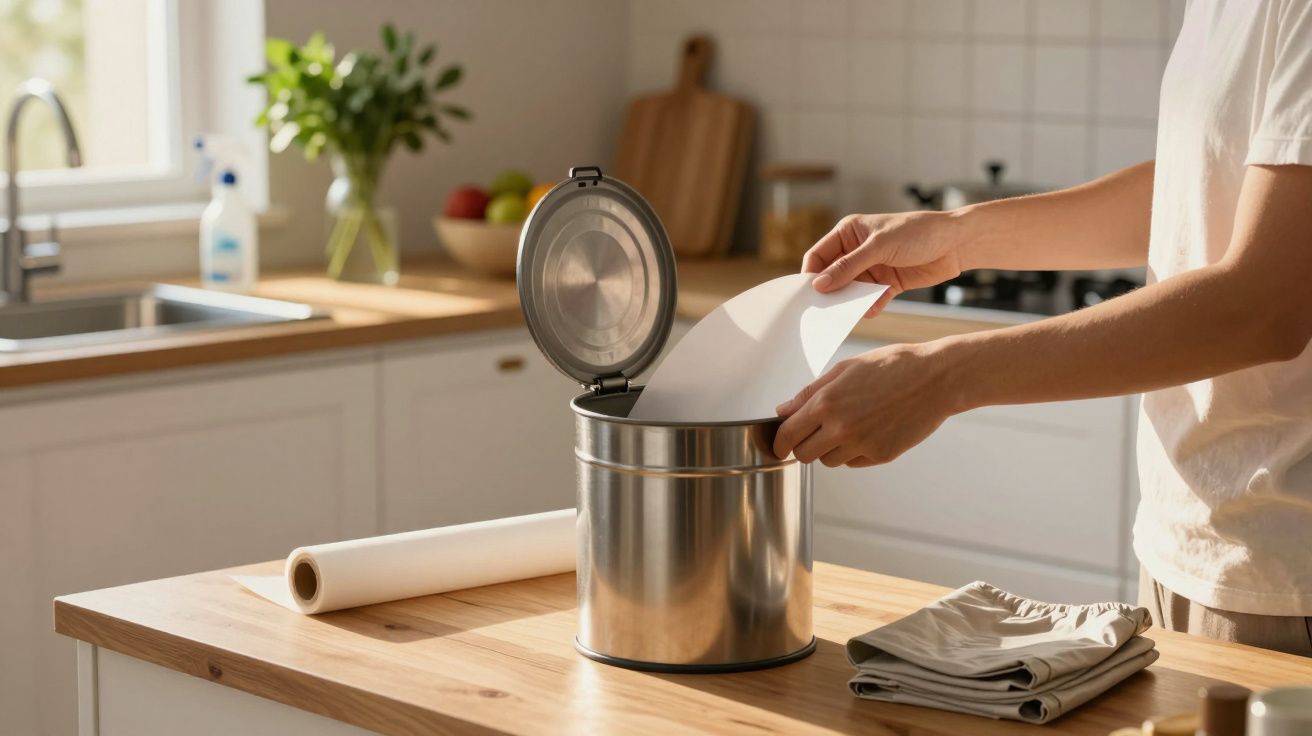 Pessoa a colocar papel numa lata do lixo metálica numa cozinha moderna e iluminada.