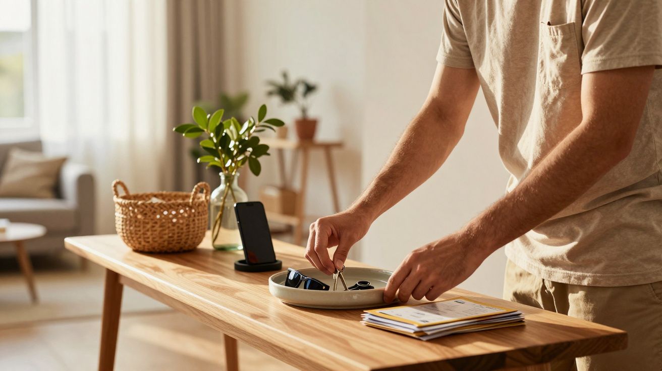 Pessoa a organizar acessórios pessoais numa bandeja sobre uma mesa de madeira numa sala iluminada.