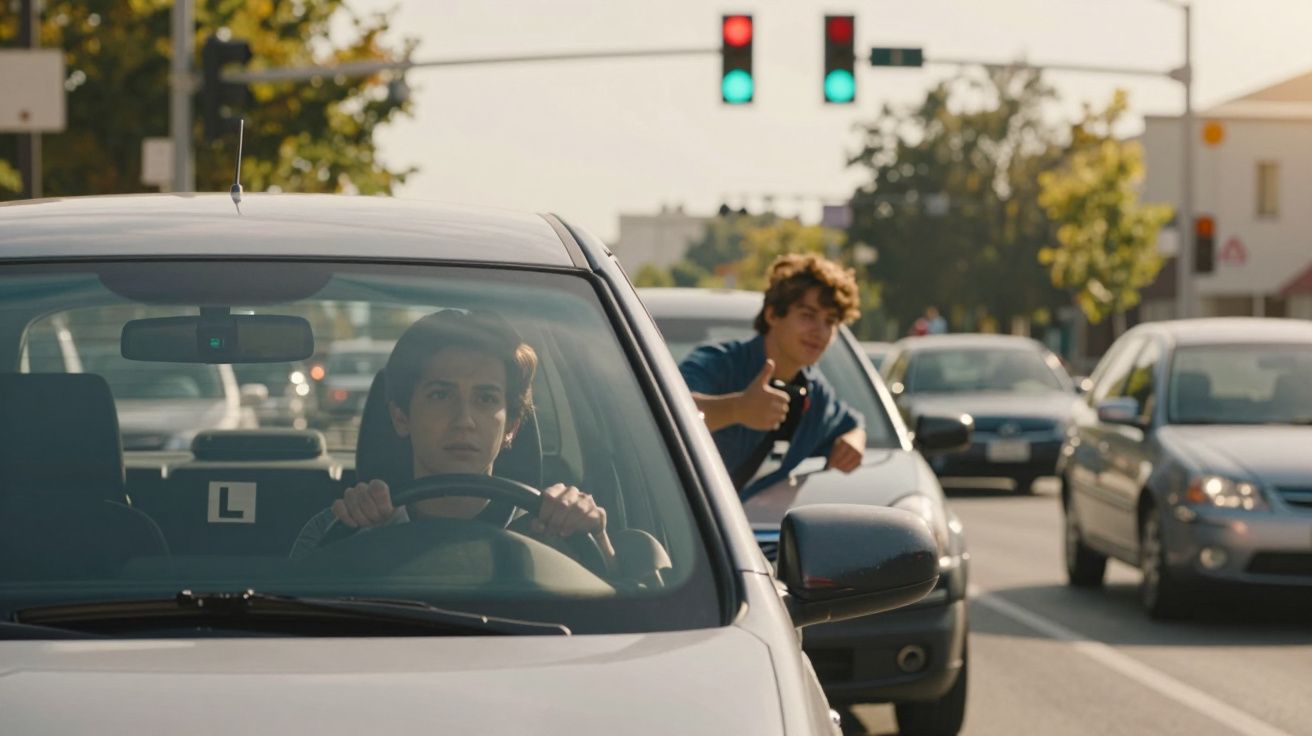 Jovem condutor com placa de aprendiz ao volante, carro parado no semáforo verde, e outra pessoa a fazer sinal positivo.