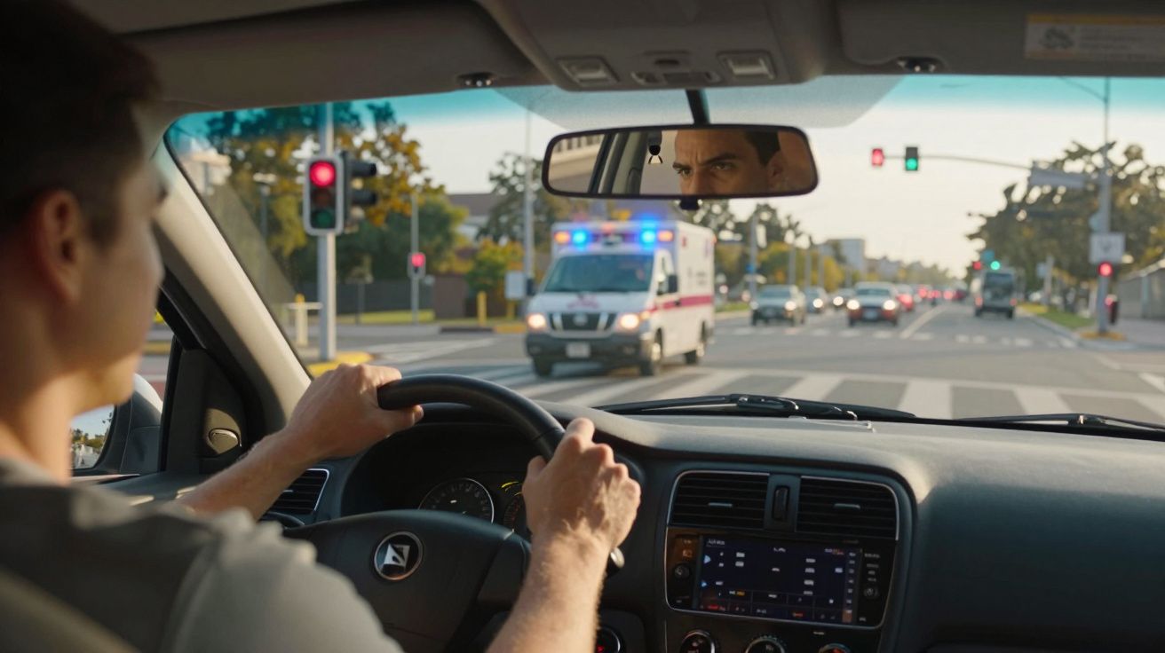 Homem a conduzir carro parado num semáforo vermelho com ambulância a aproximar-se com luzes ligadas.