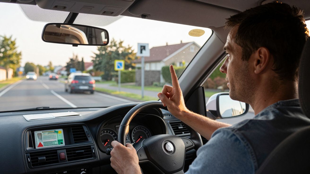 Homem a conduzir carro e a sinalizar com a mão direita numa rua residencial ao entardecer.