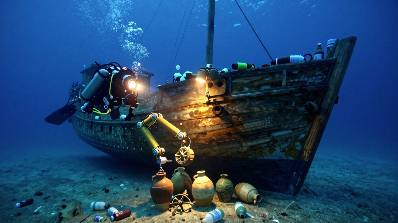 Mergulhador explora naufrágio com braços robóticos, iluminando ânforas no fundo do mar.