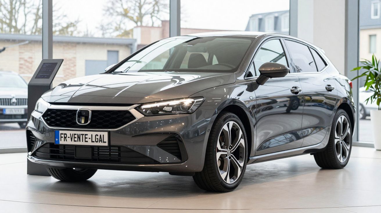 Carro cinza moderno estacionado dentro de concessionária com vidros grandes ao fundo.