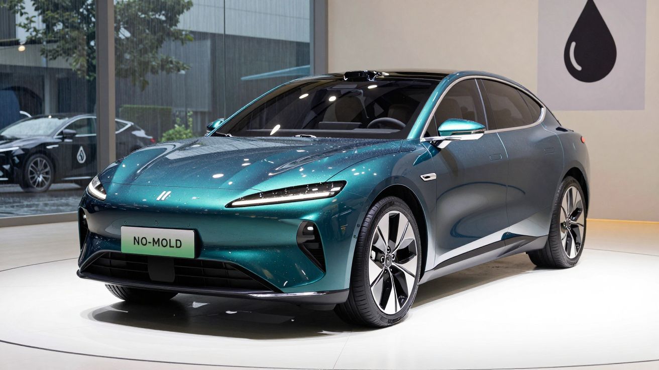 Carro elétrico moderno azul metálico exposto num salão com placa "NO-MOLD" e símbolo de gota preta na parede.