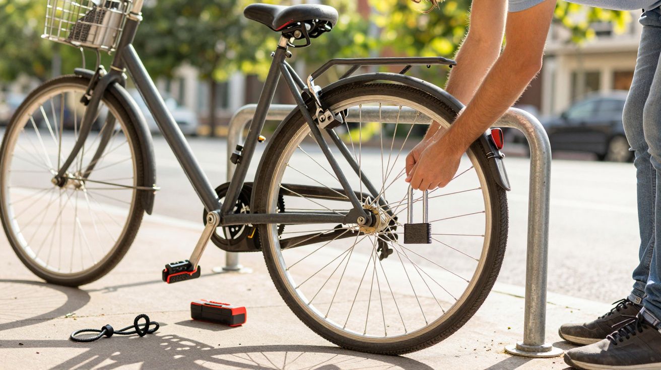 Pessoa a prender bicicleta a suporte metálico na via pública com cadeado.