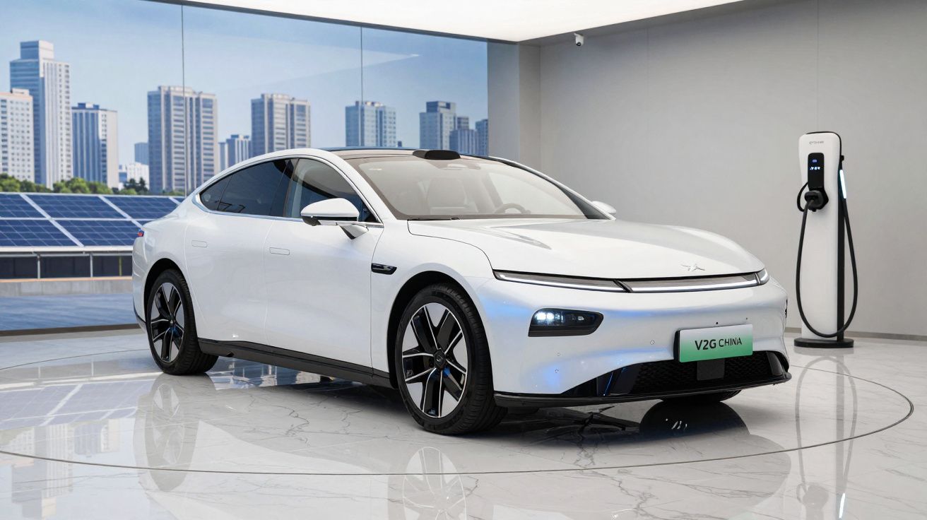 Carro eléctrico branco estacionado em sala moderna com carregador e painel solar ao fundo.