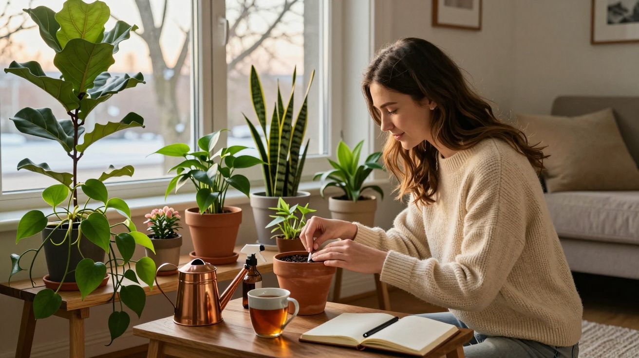 Mulher a plantar sementes em vasos rodeada de plantas junto a uma janela em ambiente acolhedor.