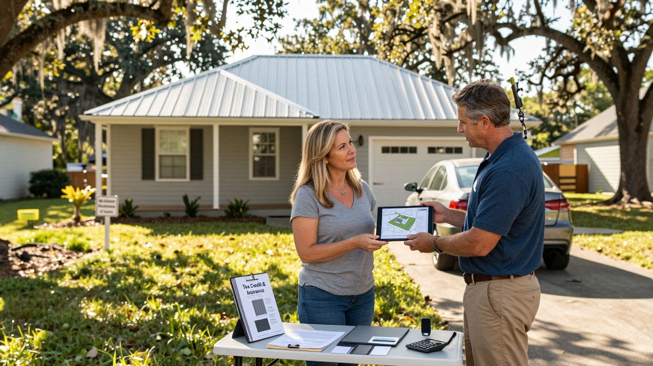 Pessoa a mostrar planta digital a mulher num jardim em frente a casa com mesa e documentos.