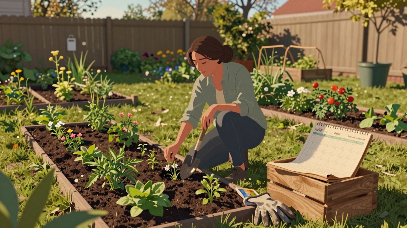 Mulher a cultivar flores num canteiro de jardim com caixa de ferramentas e calendário ao lado.