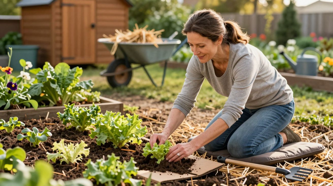 Mulher a plantar alface numa horta urbana, ajoelhada no chão com ferramentas de jardinagem ao redor.