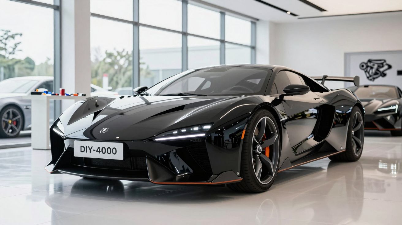 Carro desportivo preto brilhante com design aerodinâmico numa exposição interior moderna e iluminada.