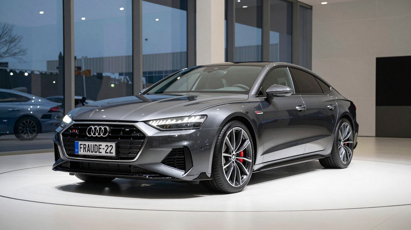 Carro Audi cinzento metálico em exposição num showroom moderno com iluminação branca.