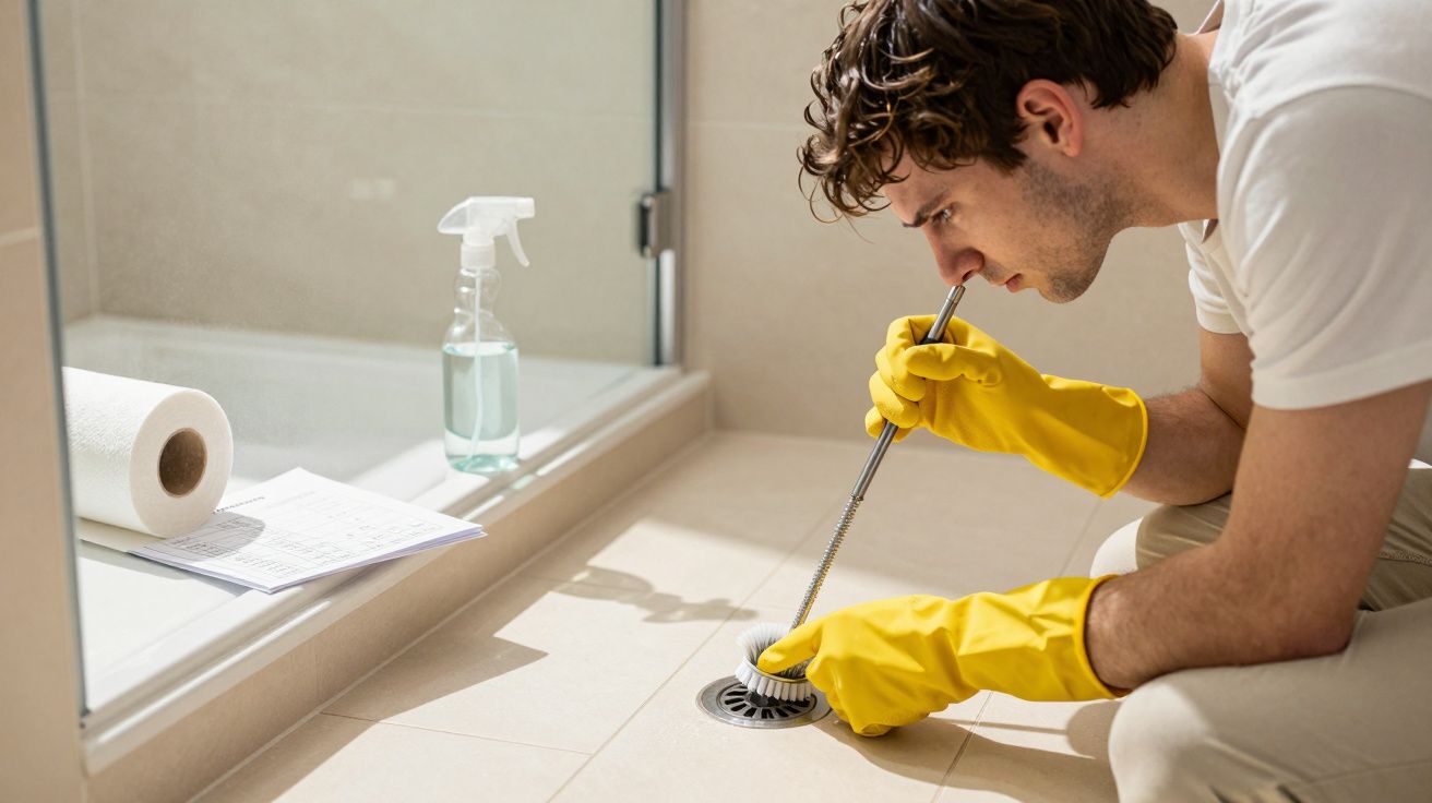 Homem com luvas amarelas a limpar o ralo do chuveiro com escova numa casa de banho.