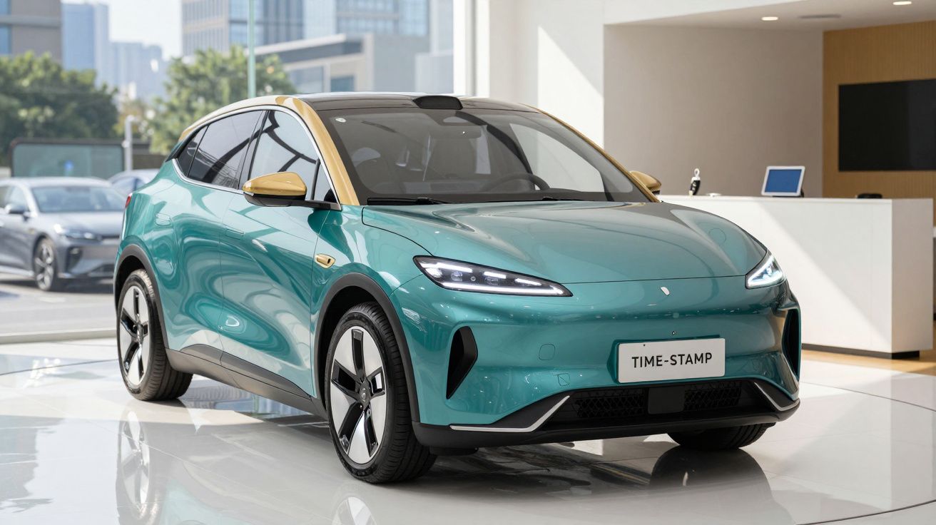 Carro elétrico moderno azul-turquesa com teto dourado exposto em sala de exposição urbana.