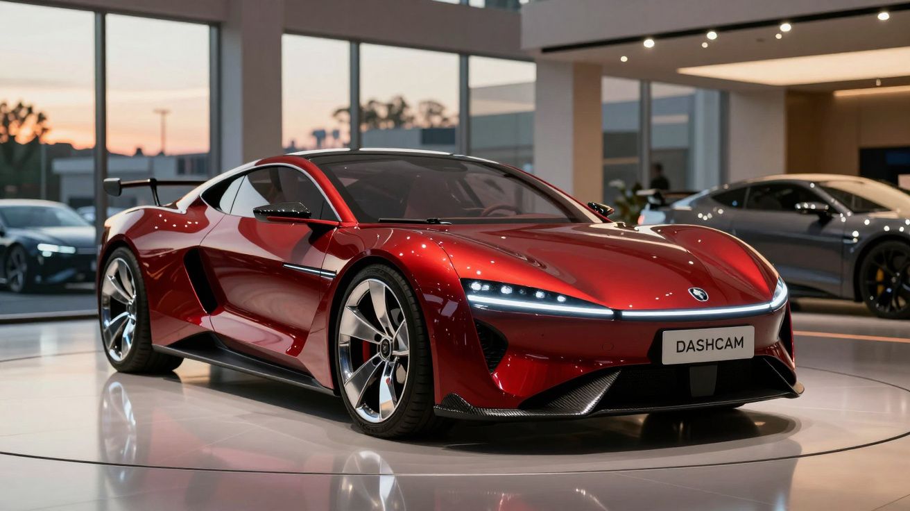 Carro desportivo elétrico vermelho brilhante em exposição num showroom moderno com iluminação interior suave.