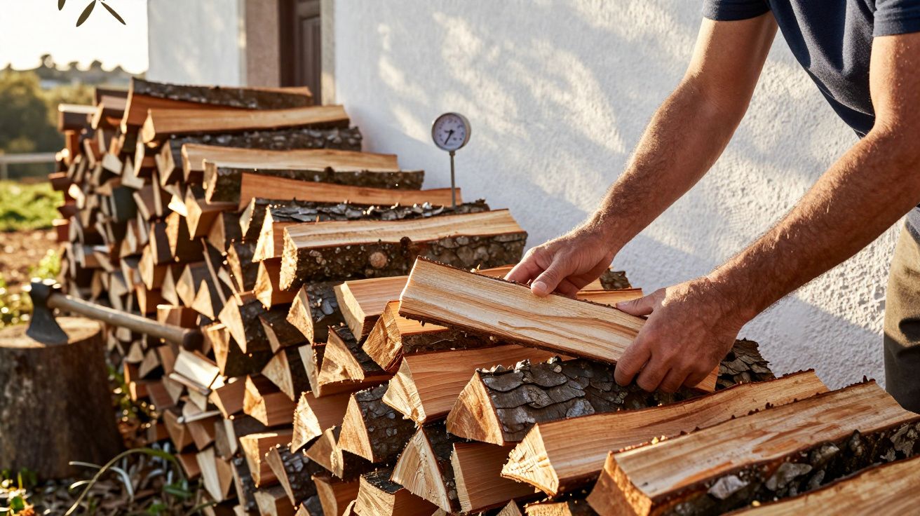 Pilha de lenha cortada empilhada junto a uma parede branca com homem a manusear pedaço de madeira.