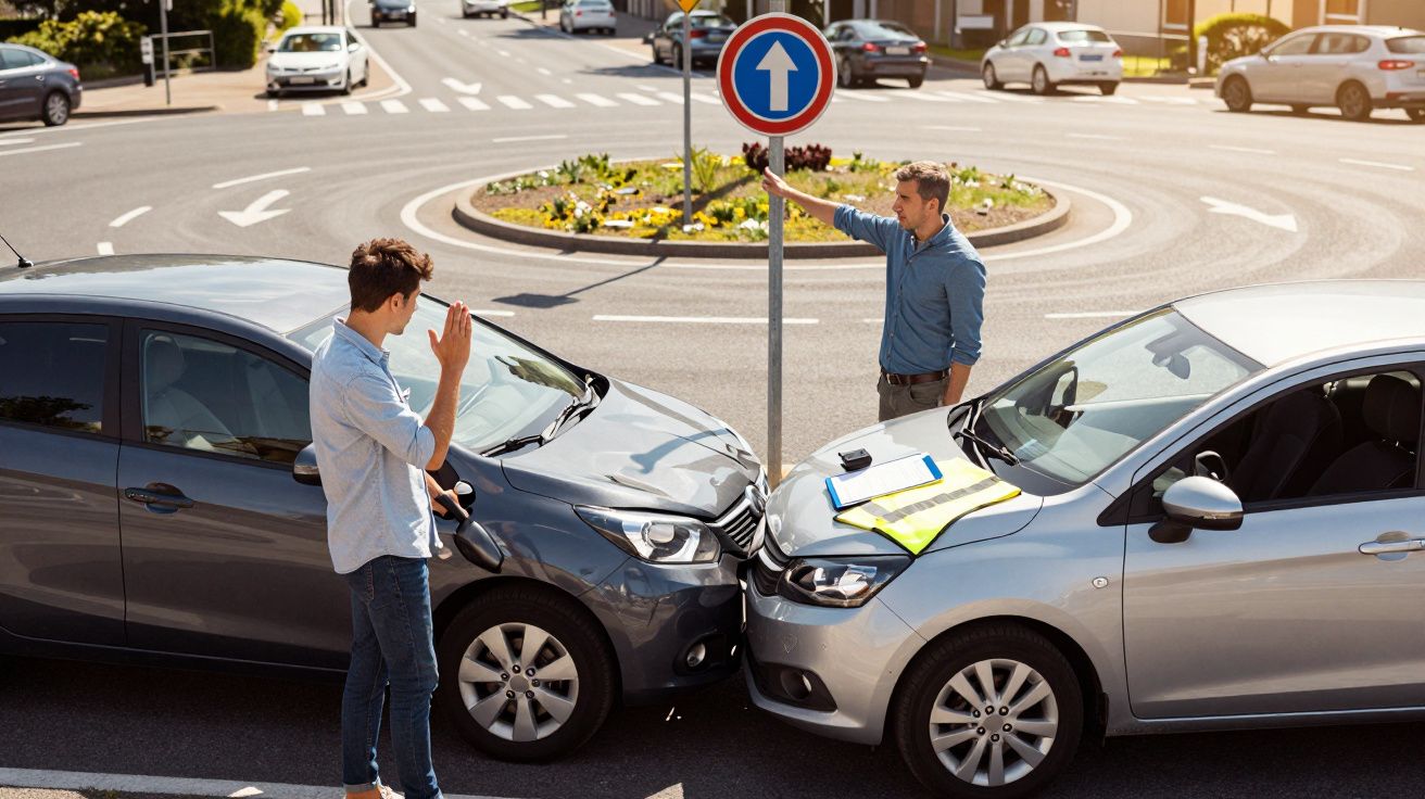 Dois homens discutem após uma colisão frontal entre dois carros numa rotunda de estrada.