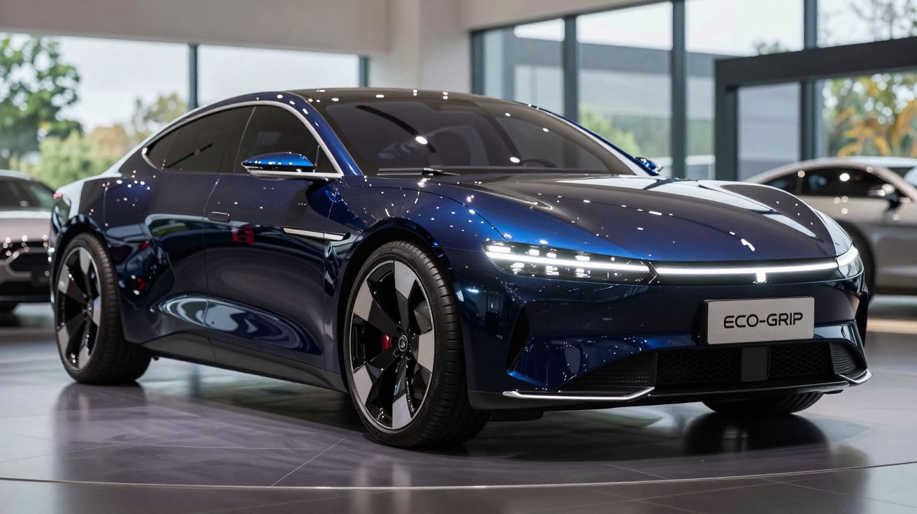 Carro elétrico desportivo azul escuro com design aerodinâmico e luzes LED, exibido em salão moderno.