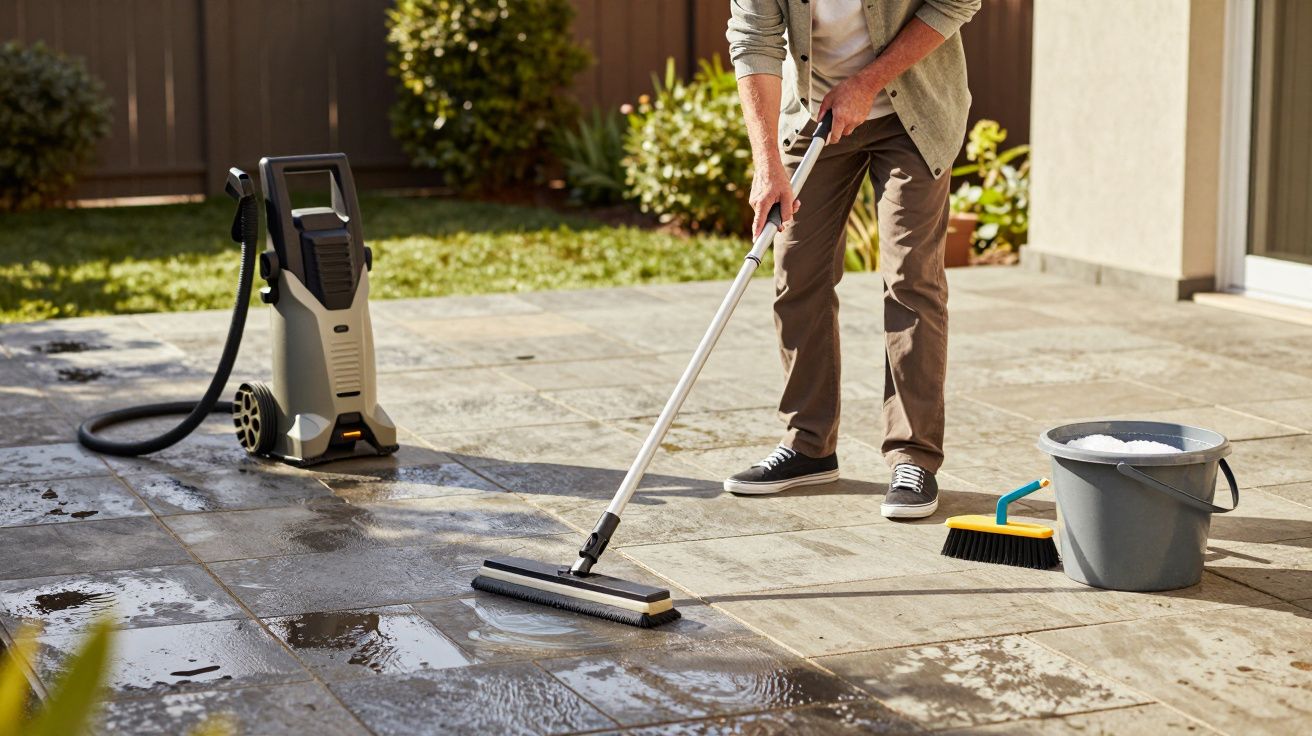 Pessoa a lavar o chão exterior de cerâmica com esfregona e lavadora de alta pressão ao lado.