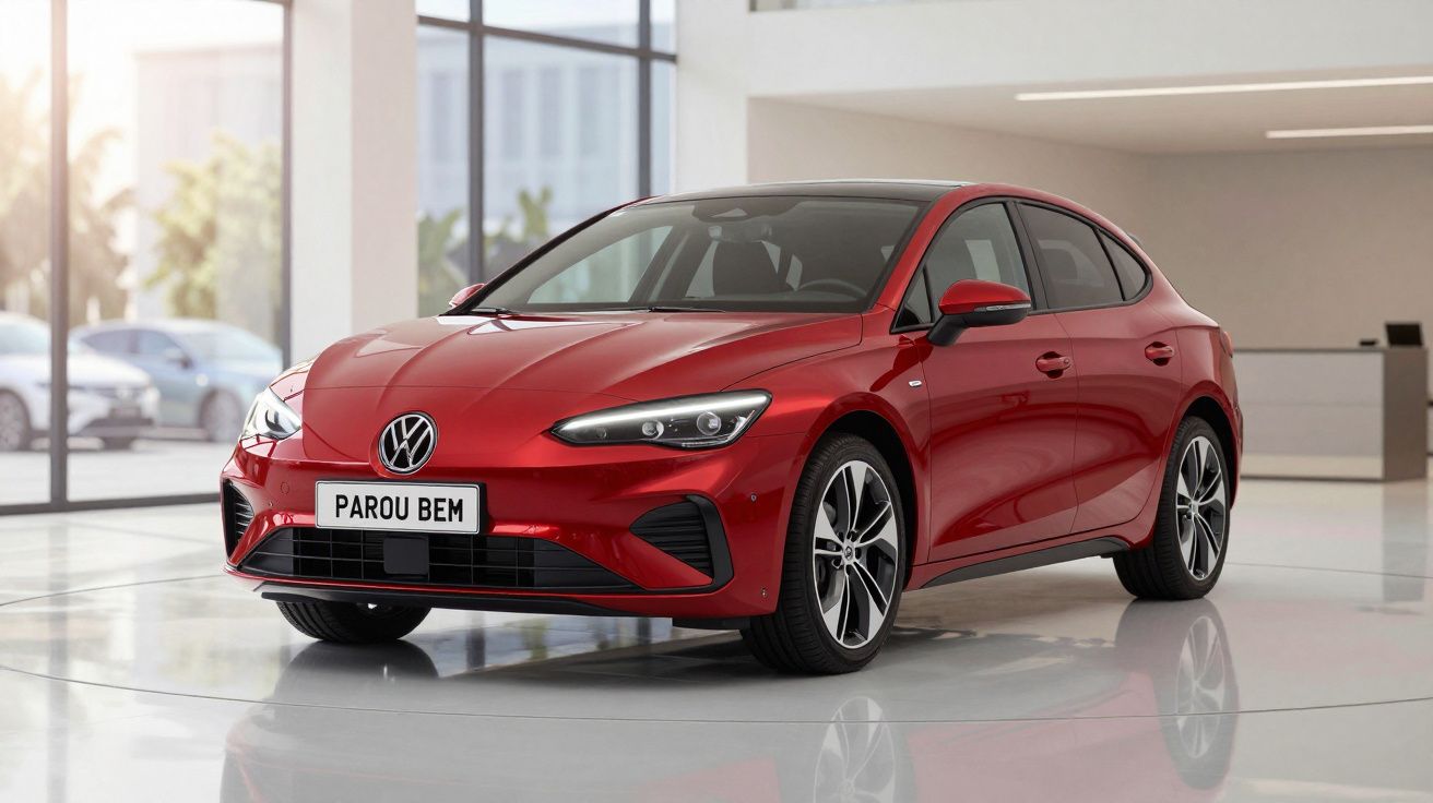 Carro vermelho Volkswagen estacionado numa sala de exposição moderna com janela grande e luz natural.