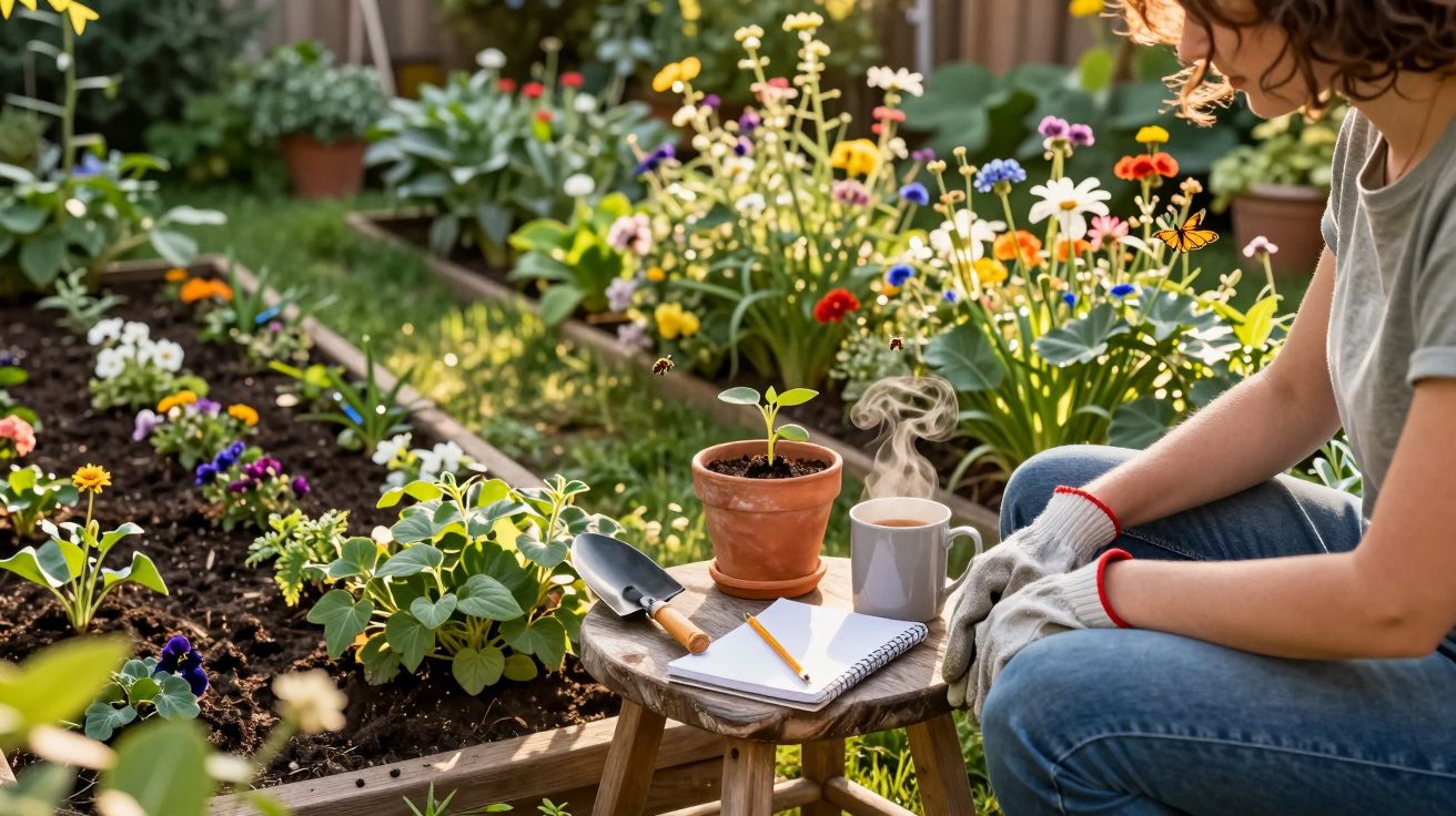 Pessoa sentada num jardim colorido com flores, caderno, chá quente e utensílios de jardinagem numa mesa pequena.