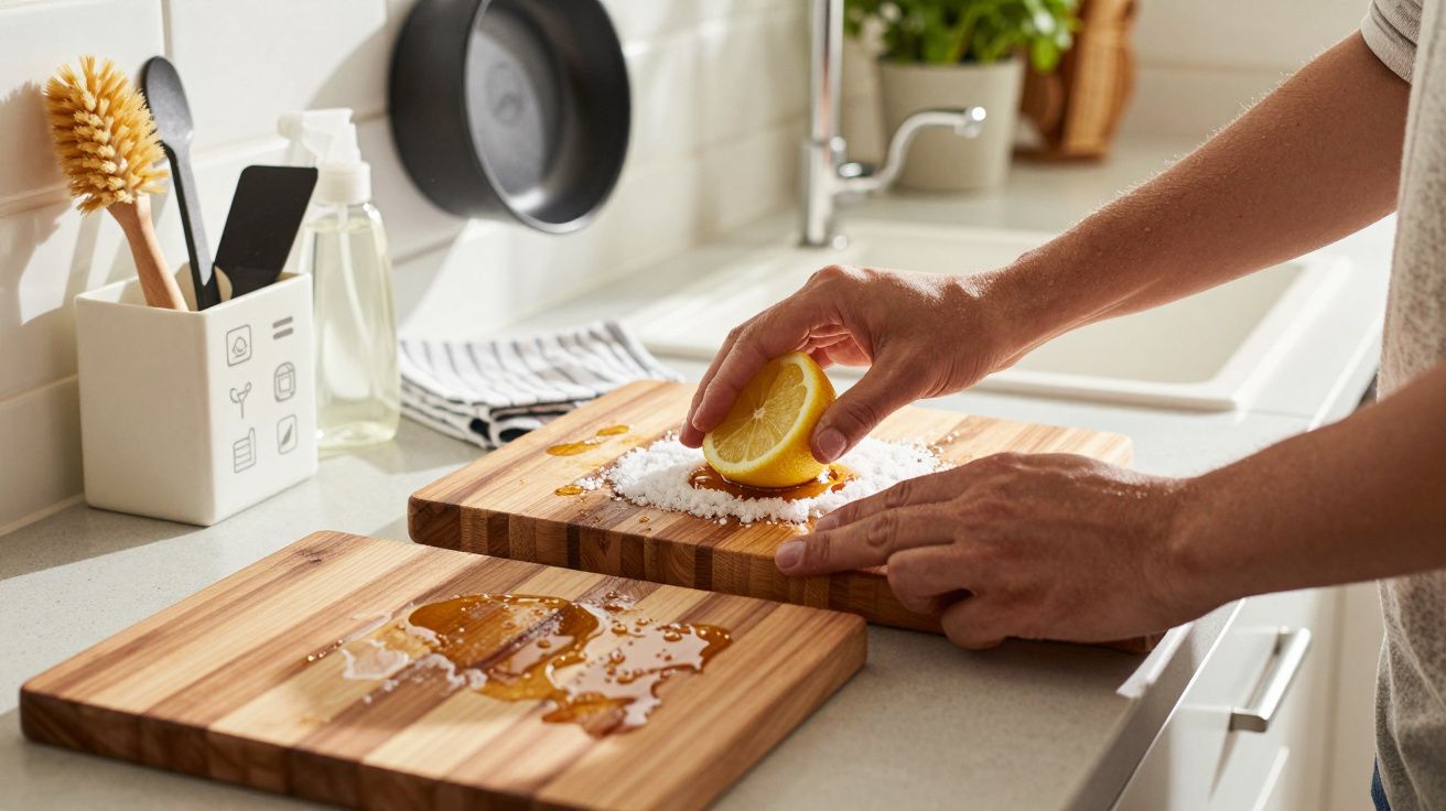 Mãos a espremer meio limão sobre sal grosso numa tábua de madeira numa cozinha moderna.