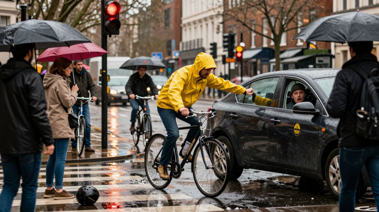 Homem de amarelo bicicleta conversa com motorista em cruzamento molhado sob chuva na cidade.
