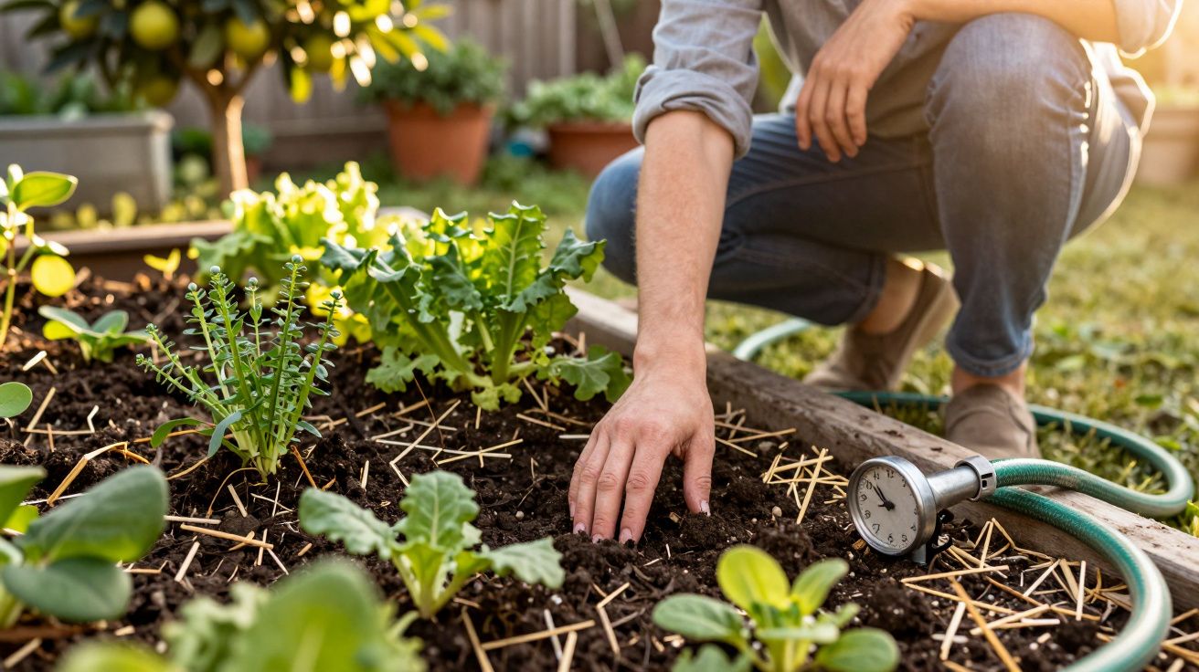 Pessoa a cuidar de plantas num canteiro de jardim, com regador e mangueira ao lado.