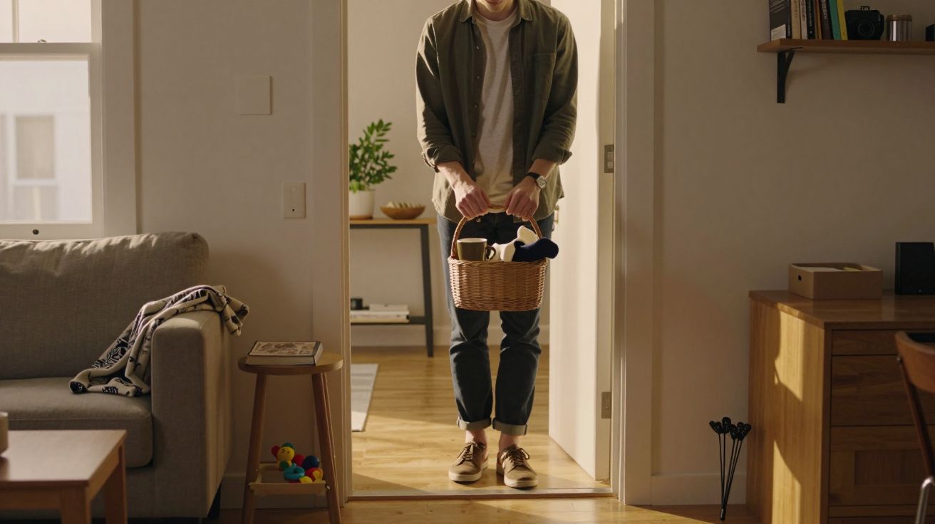 Homem de pé à porta com cesta de piquenique numa sala acolhedora e iluminada pela luz natural.