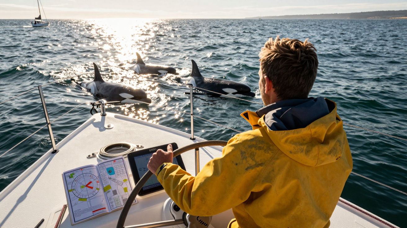 Homem de amarelo num barco a observar três orcas a nadar no mar ao pôr do sol.