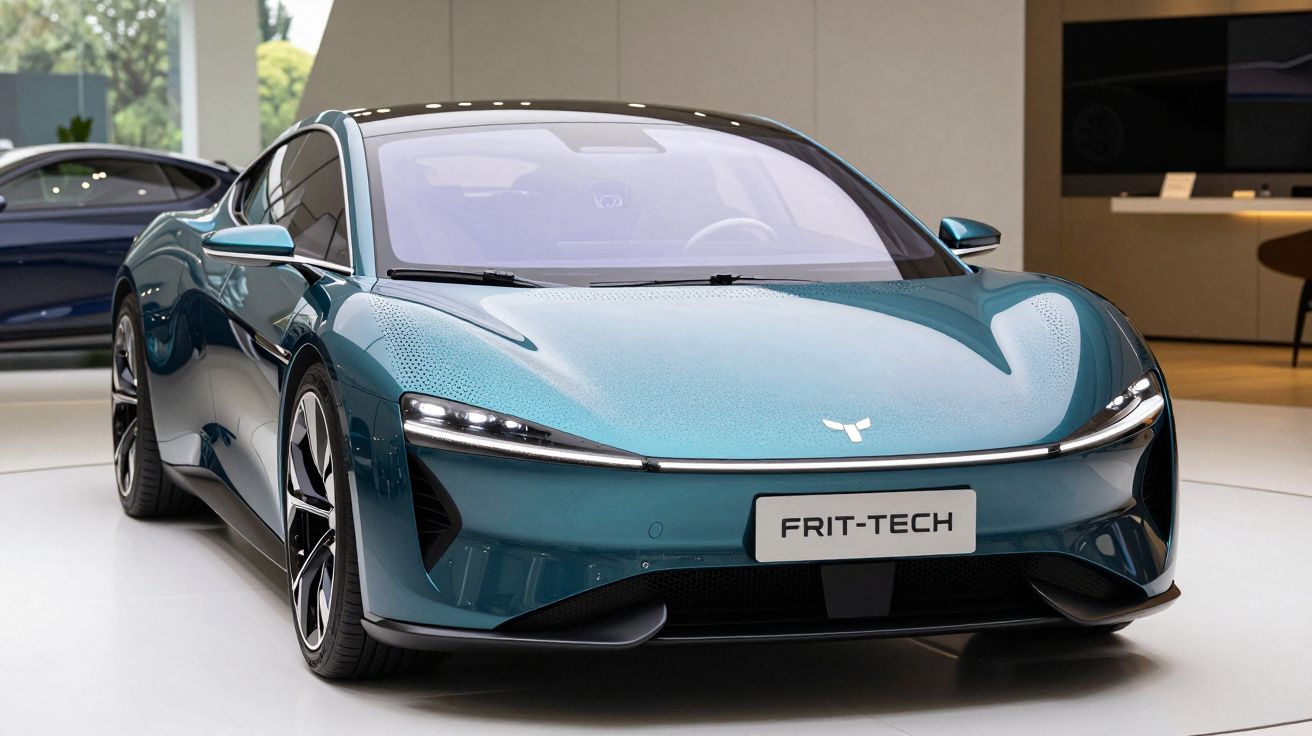 Carro desportivo elétrico azul metálico com design futurista exibido num showroom.